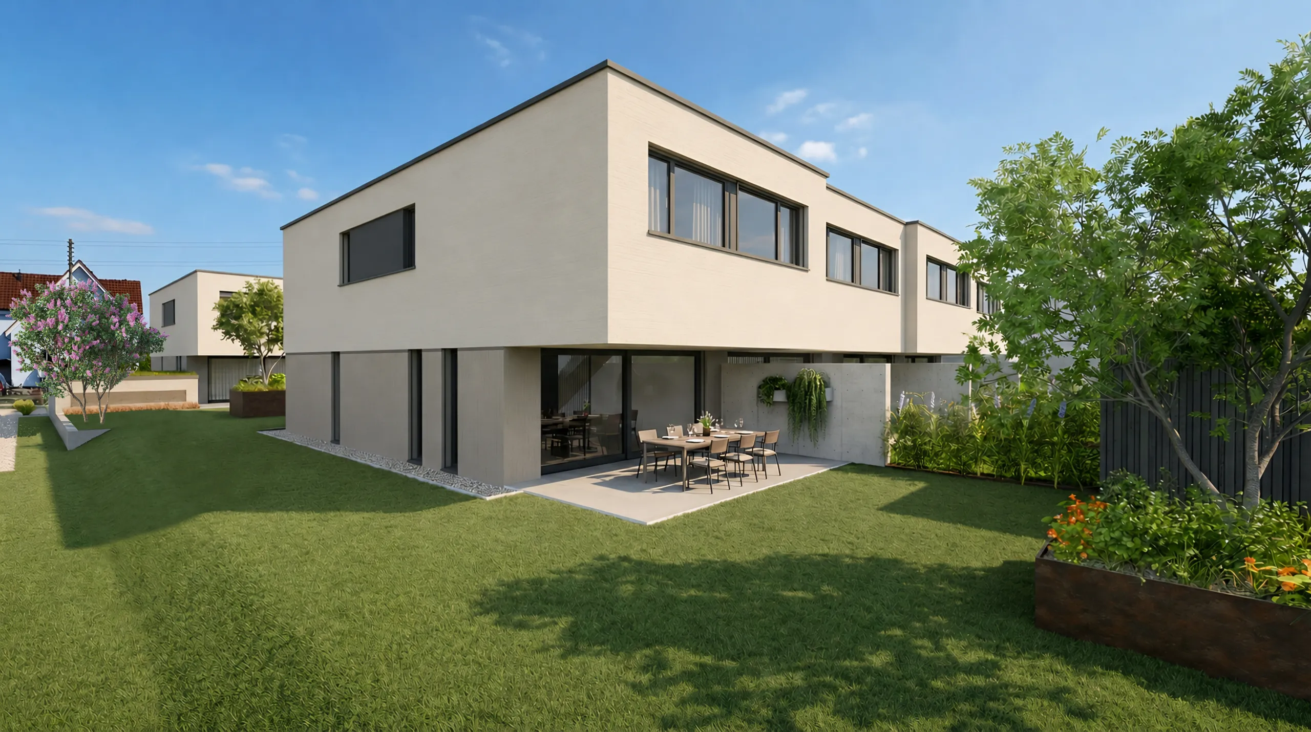 Aurea Quartier — Gartenseite eines Reiheneinfamilienhauses mit gedecktem Sitzplatz
